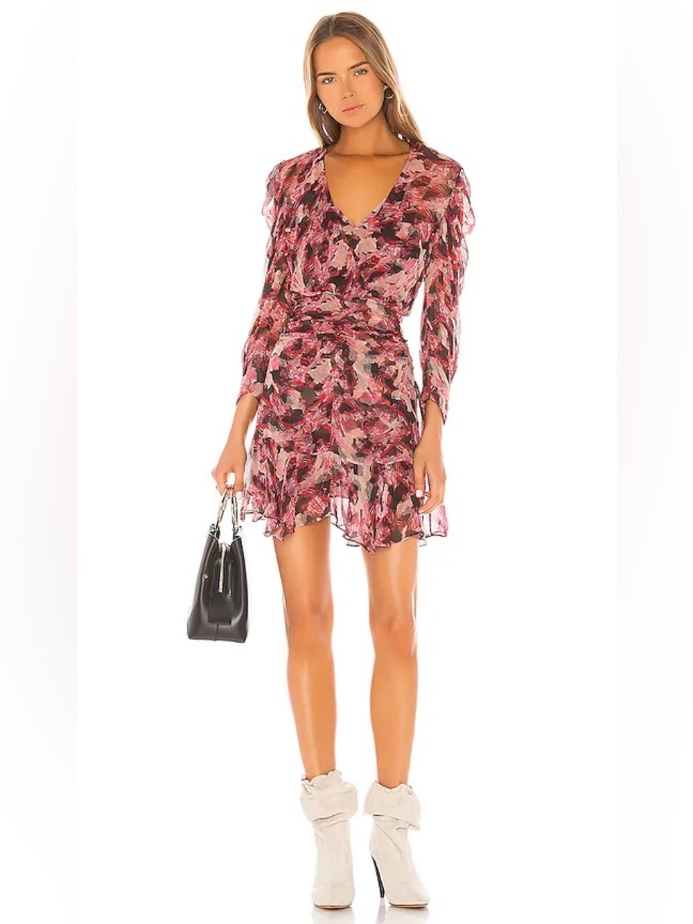 IRO Paris Candy Pink Floral Wick V-Neck Ruched Mini Dress Sheer Long Sleeve